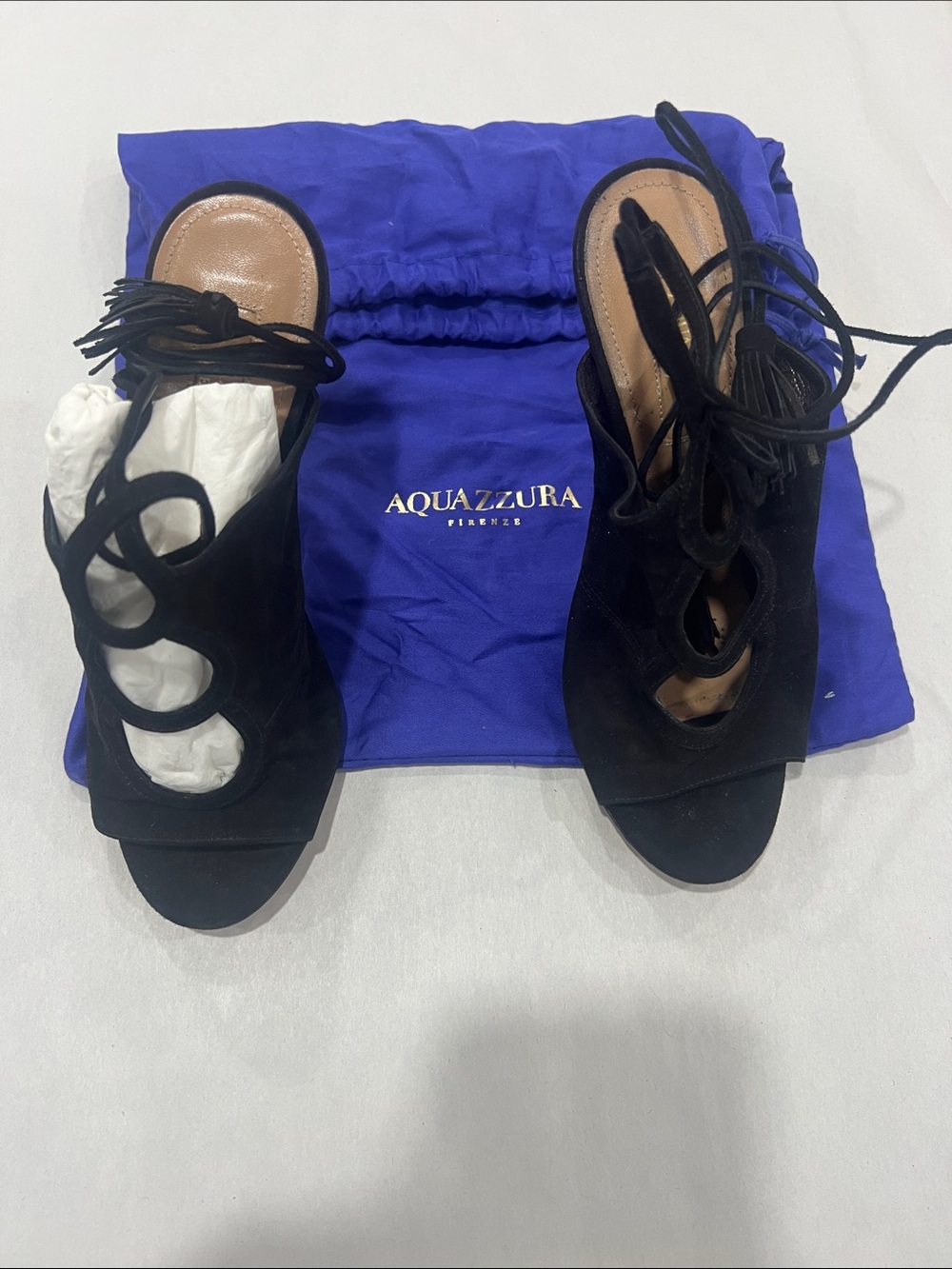 Aquazzura Black Suede Lace-Up Heeled Sandals